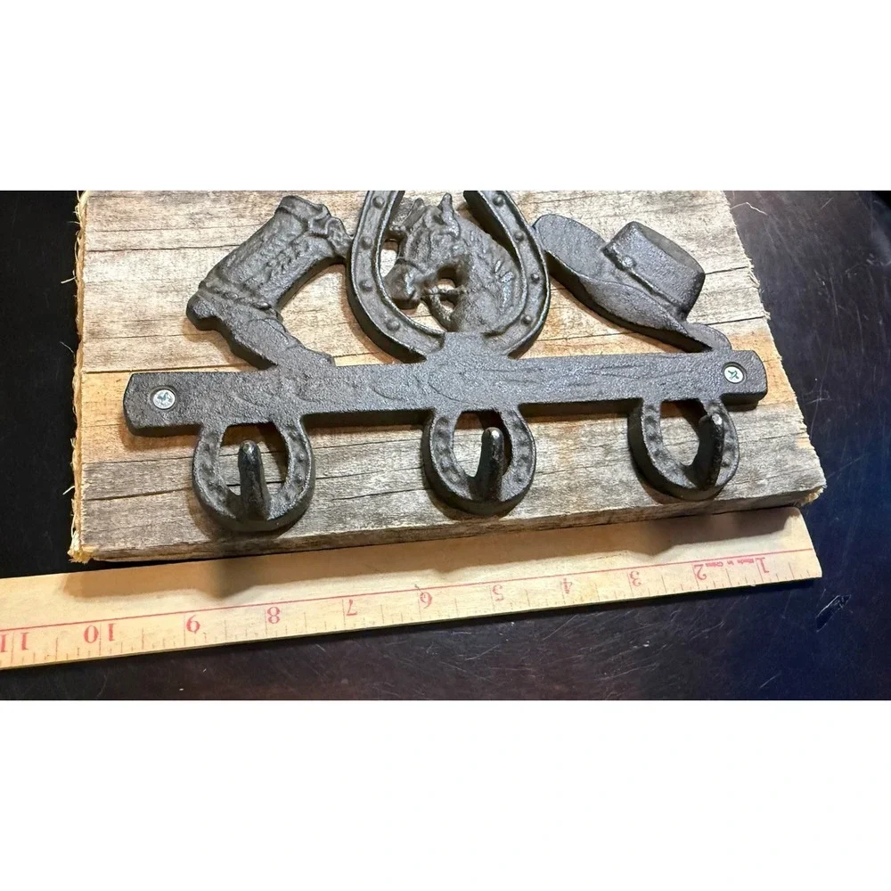 Cast Iron Horseshoe Cowboy Boot Hat Key Rack Reclaimed Wood Wall Hook Rustic